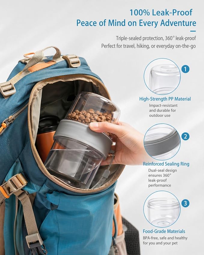 Portable Pet Travel Water Bottle and Food Container - 2-in-1 Detachable Dog Travel Cup for Walking, Hiking and Traveling - Leak-Proof, BPA Free & Food Grade Safety Material (Gray, 2-Pack Set)