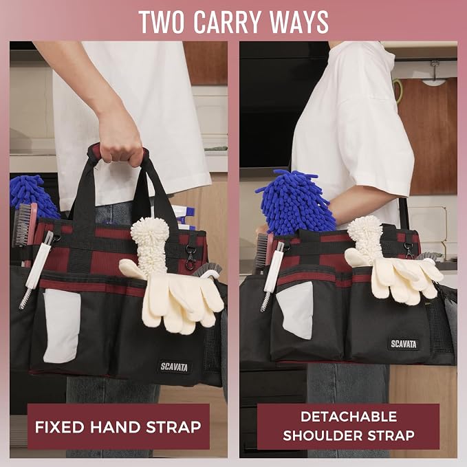 SCAVATA Compact Wearable Cleaning Caddy with Handle & Shoulder Straps | Small Cleaning Supplies Organizer, Under Sink & Car Cleaning Tools Storage Bag for Housekeepers Cleaners, AncoraRed
