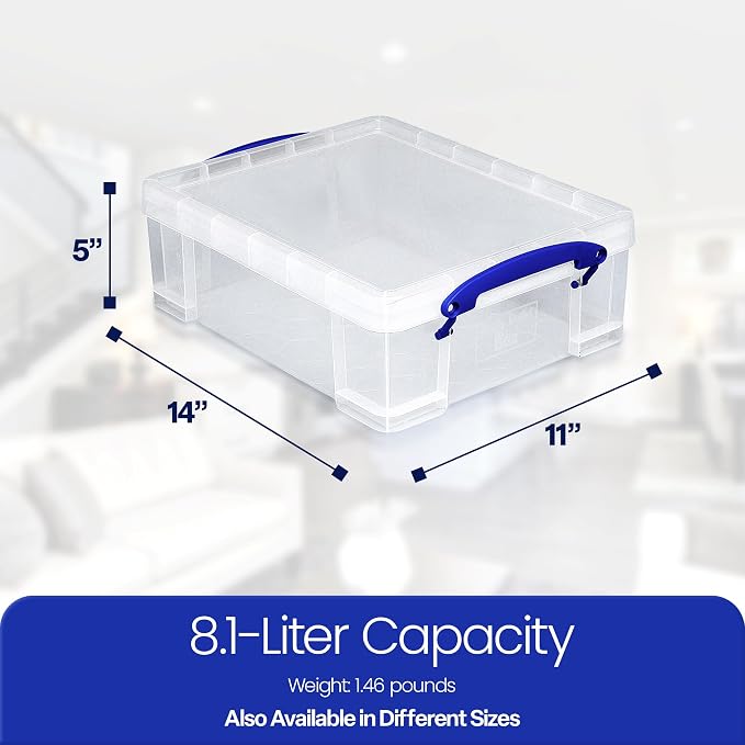 Really Useful Box 4 Pack Storage Bins, Clear Plastic Stackable Organizing Totes, 8.1 Liter