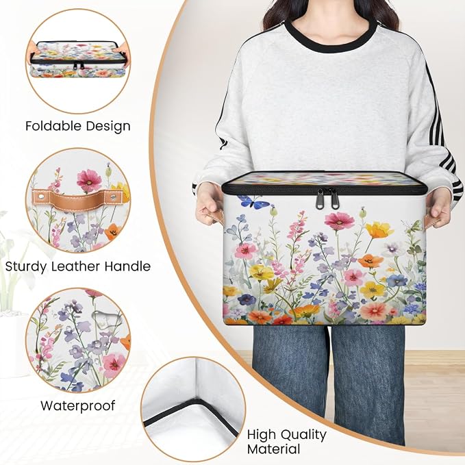 Pardick Storage Bin Wildflorals Flower Storage Baskets with Zipper Lid & Handle Foldable Closet Shelf Cloth Organizer Basket Cube Bins Clothes Organizer for Nursery, Bedroom