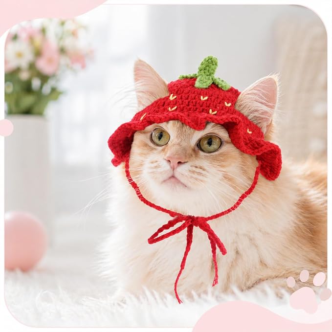 2Pcs Crochet Cat Hats Knit Cat Hat Strawberry and Frog Hat (Red, Green) | Cute Knit Cat, Soft, With adjustable cord, Handmade Crochet Cats Clothes, for Puppy Kitten, Christmas Party Costume Accessory