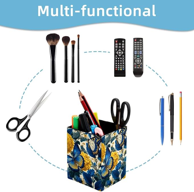 Butterfly Pen Holder for Desk Decor, Rectangular PVC Leather Pencil Cup for Desk Pen Organizer, Makeup Brush Holder for School, Home, Office