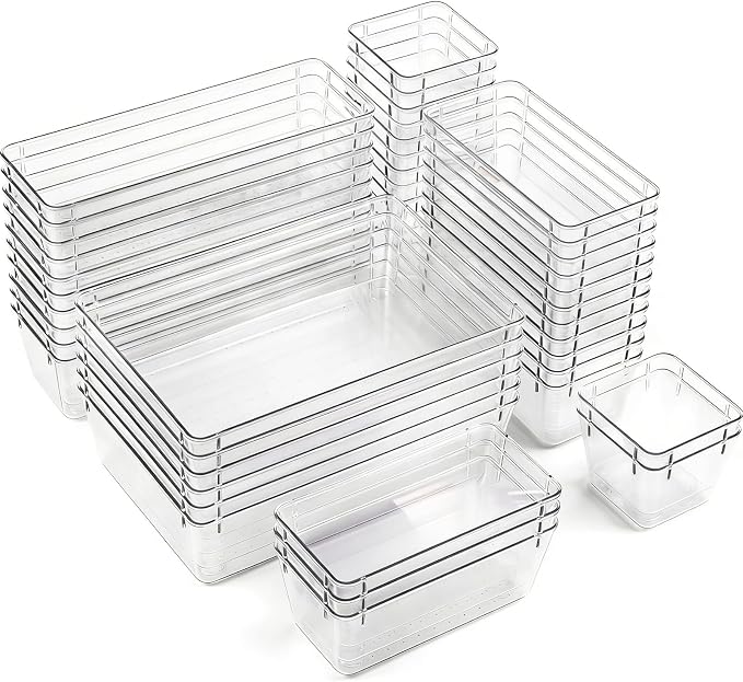Clear Acrylic Drawer Organizer Trays, 5 Size Junk Box Organization Small Storage Container Bin for Desk Makeup Bathroom Vanity Kitchen Tool Make Up Workspace Home Dorm Apartment Office Room Nightstand
