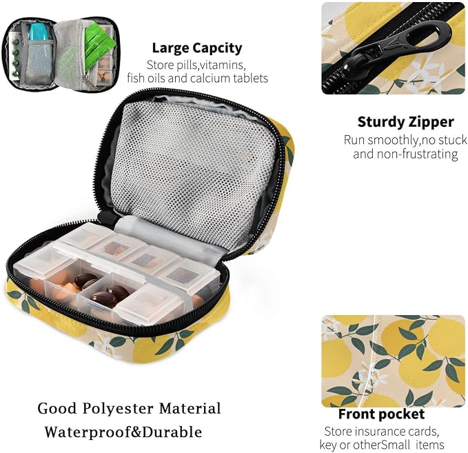 Fustylead Lemon Pill Organizer and Storage Weekly with Zipper, Removable Pill Box Portable Medicine Organizer for Vitamin Fish Oil Supplement