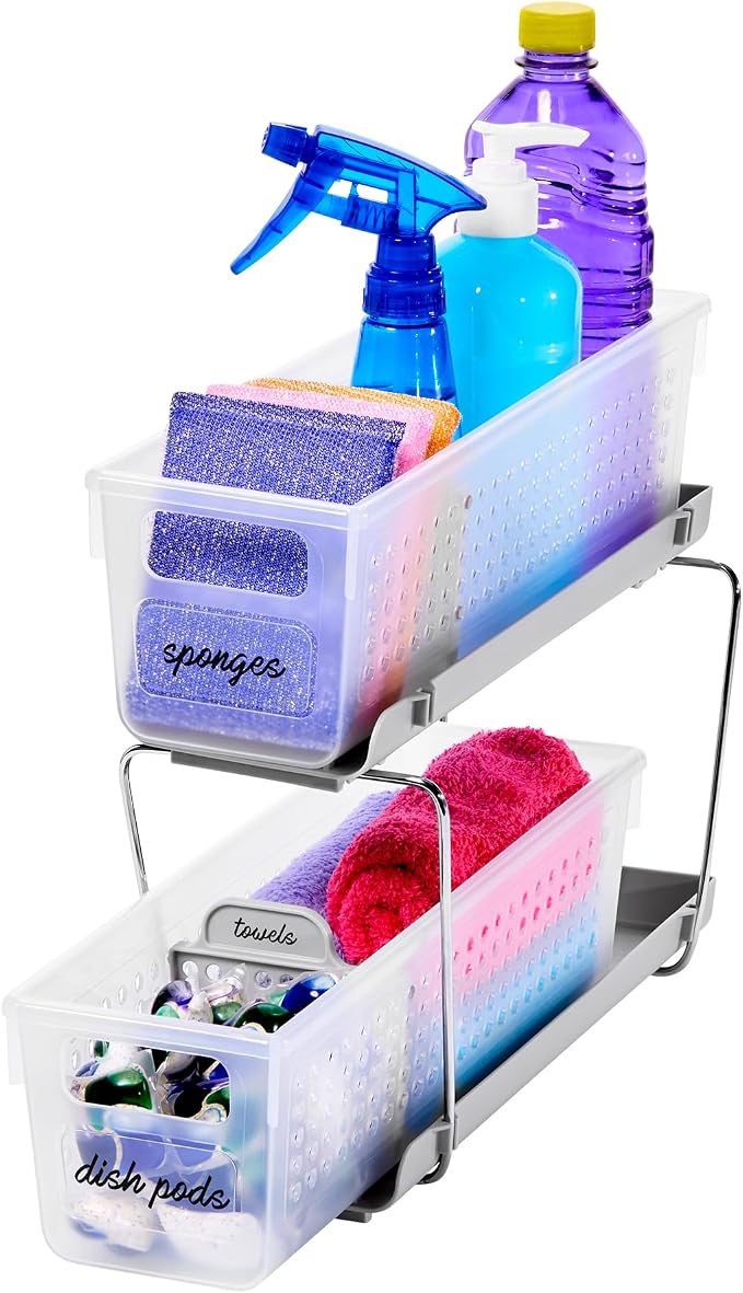 madesmart Mini 2-Tier Organizer, Multi-Purpose Slide-Out Storage with Handles and Dividers for Home and Bath, Frost | pull out bins, adjustable dividers, tiered access, cleaning supplies, under sink use, pantry bottles, woman owned