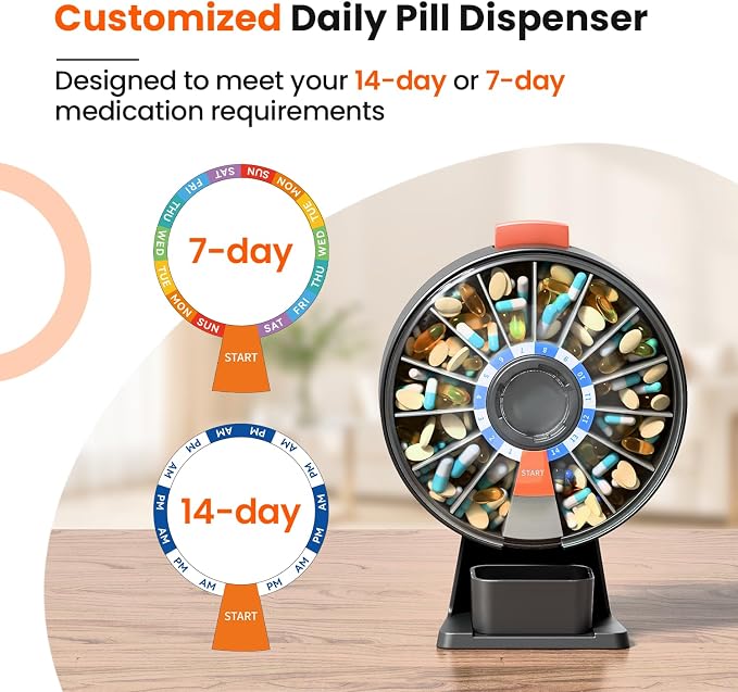Odaro Large Weekly Pill Dispenser 7 Day Am Pm, Easy One Button, Gray | Daily Medicine Pill Organizer, Large Compartments, Wall & Counter Mount, Easy Use, Easy Refill, Sturdy Hard Plastic