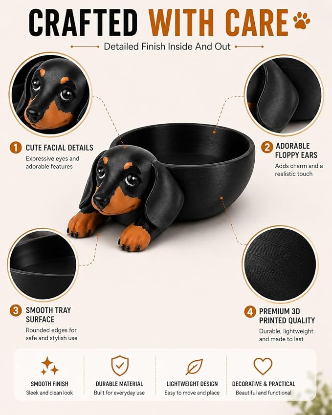 Dachshund Catch All Tray 3D Printed Decorative Dog Shaped Desk Organizer | Cute Wiener Storage Bowl Keys Jewelry Coins Trinket Candy Dish Home Decor Gift Pet Lover Entryway Nightstand(2PCS)