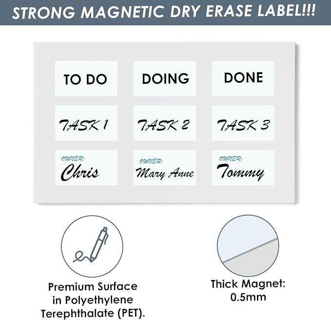 Magnetic Dry Erase Labels 5x3 28-Pack with 3 Kanban Included - Highly Durable and All-Purpose Labels for Office, Classroom, Organizers, Home. Whiteboard Blank Magnet Stickers Name Tags