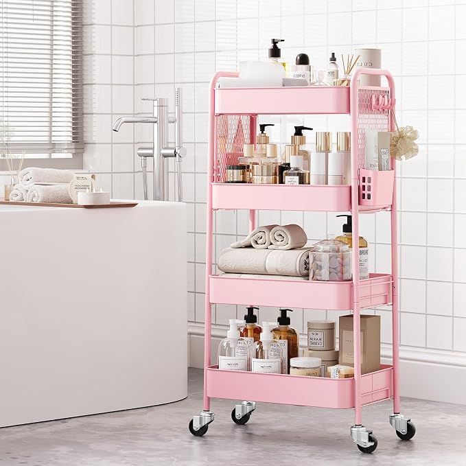 TOOLF 4 Tier Rolling Cart, Metal Utility Storage Cart with Pegboard, Pink | 2 Bins & 4 Hooks, Screwless Assembly, Lockable Wheels, Trolley Organizer for Bathroom, Kitchen, Office, Dorm, Craft Room