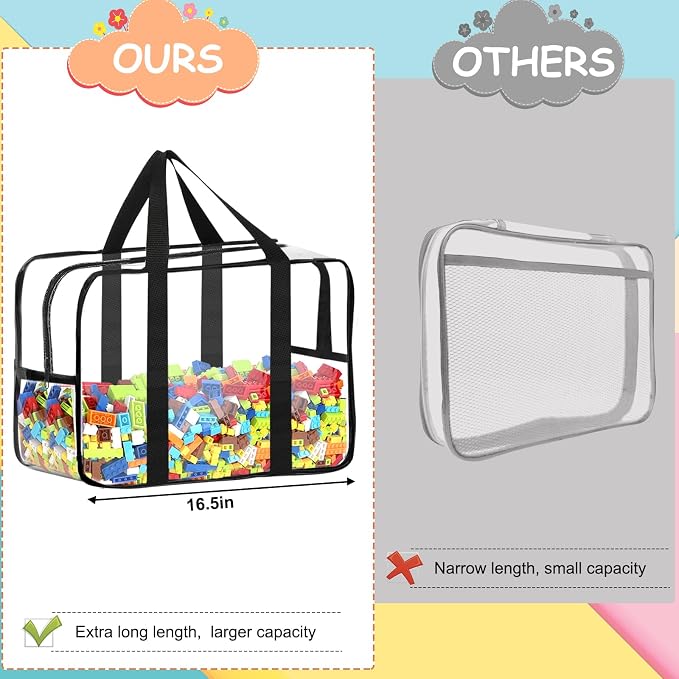 6 Packs XXL Toy Storage Bags 16.5×11.8×6.8In with Labels, Large Capacity Reusable Clear PVC Board Game Storage, Travel Waterproof Organizer Bags with Zipper