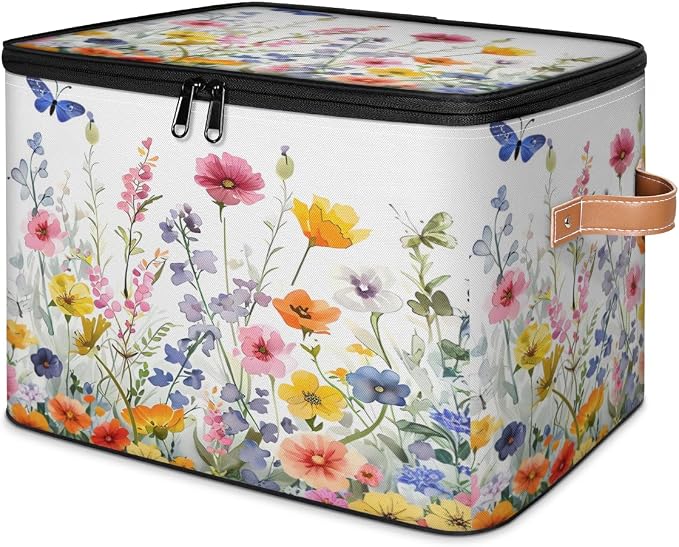 Pardick Storage Bin Wildflorals Flower Storage Baskets with Zipper Lid & Handle Foldable Closet Shelf Cloth Organizer Basket Cube Bins Clothes Organizer for Nursery, Bedroom