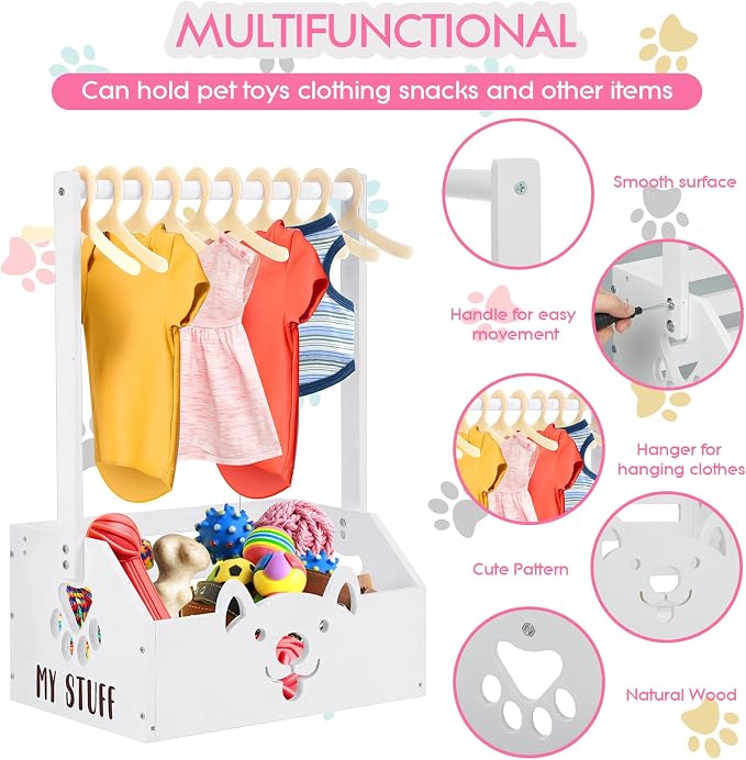 Chunful Dog Closet Wardrobe, Storage Bin, 5 Hangers, Wooden,White | Organize Pet Clothes and Toys, For Small Dogs and Cats, Includes Wardrobe Rack and Storage Box, Natural Wood, 19"x13"x9"