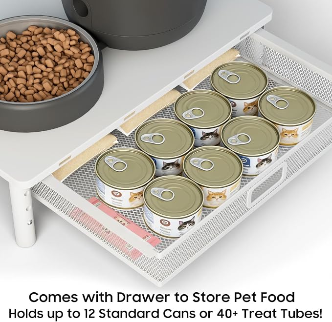 W‌SOWX Adjustable Automatic Cat Feeder Stand, Elevated Cat Food Stand,White | With Drawer and Cat Food Mat,Raises Feeder/Bowls by 4.1"/4.9"/5.7",Relieves Spine and Joints Noticeably on Pets-Sturdy Metal