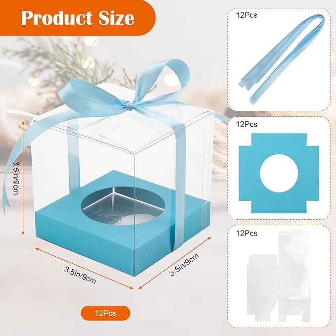 12 PCS Clear Cupcake Boxes 3.5 Inch Cupcake Containers (Blue) | Disposable Cupcake Carrier Plastic Individual Cupcake Storage Holder with Ribbons and Inserts for Wedding, Birthday Party