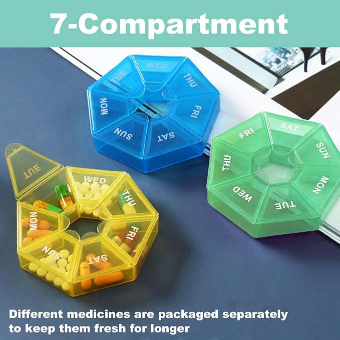 4pcs Travel Pill Organizer, Small Portable Pill Box, 7 Compartment | Weekly Medicine Dispenser, Vitamin Supplement Holder Reminder, Arthritis-Friendly(Yellow,Light Green,Transparent,Rose Pink)