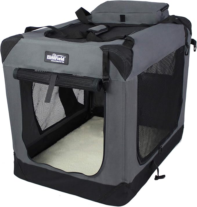 EliteField 3-Door Soft Dog Crate with Bed & Carrying Bag (2-Year Warranty) | 3 Mesh Doors, Steel Frame, Removable & Washable Crate Cover and Bed Cover, Storage Pockets, Indoor/Outdoor, Foldable