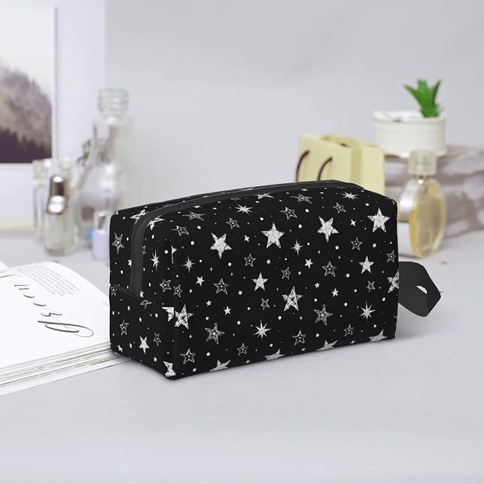 Cute Doodle Stars Makeup Bag for Women,Black Star Cosmetic Bag Travel Toiletry Pouch Aesthetic Zipper Organizer for Gym & Daily Use 10x6.2x4.9 Inch