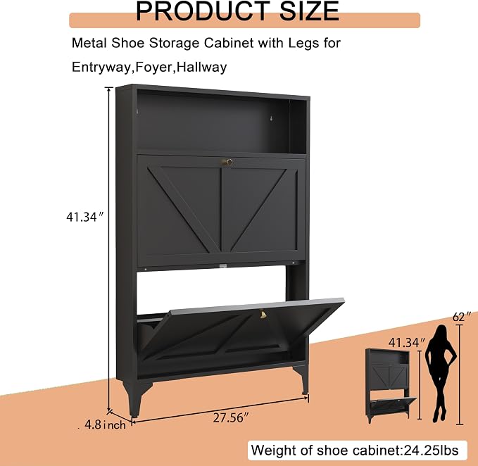 Shoe Cabinet with 2 Flip Drawers, Narrow Shoe Storage Cabinet, Farmhouse Shoe Organizer, Freestanding Organizer with Metal Legs for Entryway, Foyer (Black, 2 Door)