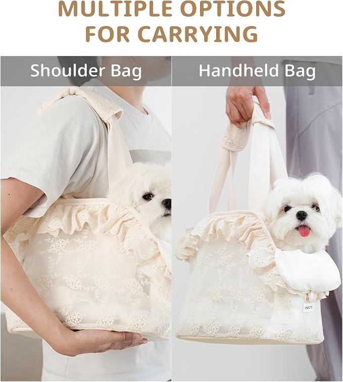 ONECUTE Dog Carrier for Small Dogs Rabbit cat with Lace Design, Cotton Bag, Dog Carrier Soft Sided, Collapsible Travel Puppy Carrier (Beige, 13" L x 6.7" W x 10.6" H)