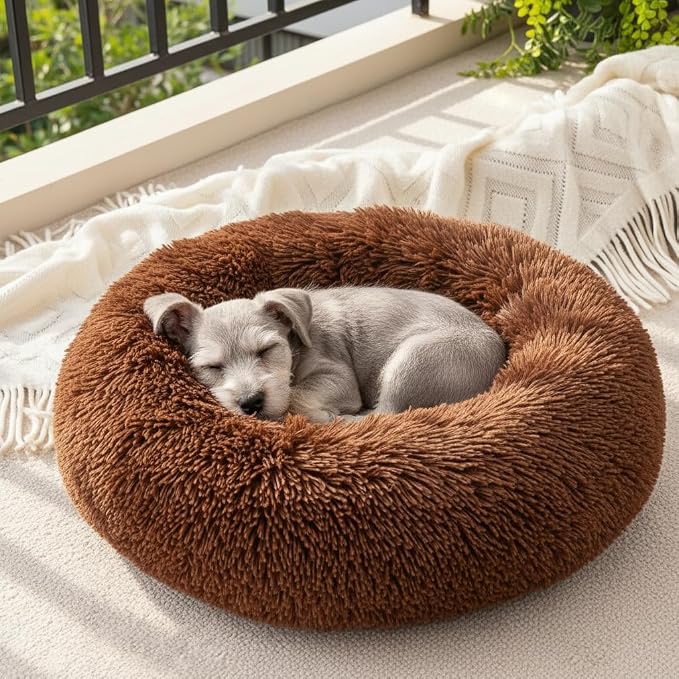 Soft Plush Round Pet Bed for Cats or Small Dogs, Mini Sized Dog Cat Bed | Soft Long Shag Faux Fur, Warming Cushion, Anti Slip Water Resistant Base, Machine Washable for Kittens, Ferret, Bunny Pets