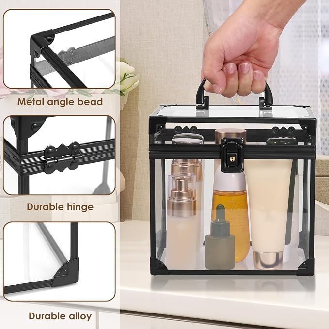 Makeup Organizer, Clear Makeup Train Case Cosmetic Box, Clear Crown Box Portable Cosmetics Toiletry Organizer Box Jewelry Storage Makeup Storage Box w Padlock and Keys for Vanity Bathroom