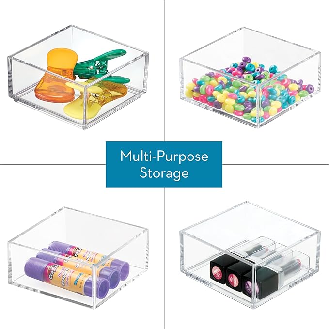 iDesign Clarity Plastic Drawer Organizer, Clear, X-Small, 4" x 4" x 2" | Storage Container for Kitchen Gadgets, For Corks, Sticky-Notes, Clips, For Pantry, Cabinets, Countertops