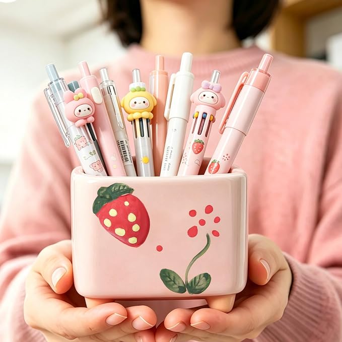 Ceramic Strawberry Shaped Pen Pencil Holder for Desk Decoration Accessories Strawberry Decor Makeup Brush Pen Cups Succulent Plant Pot Office School Ideal Gifts for Women, Mom or Birthdays (red)