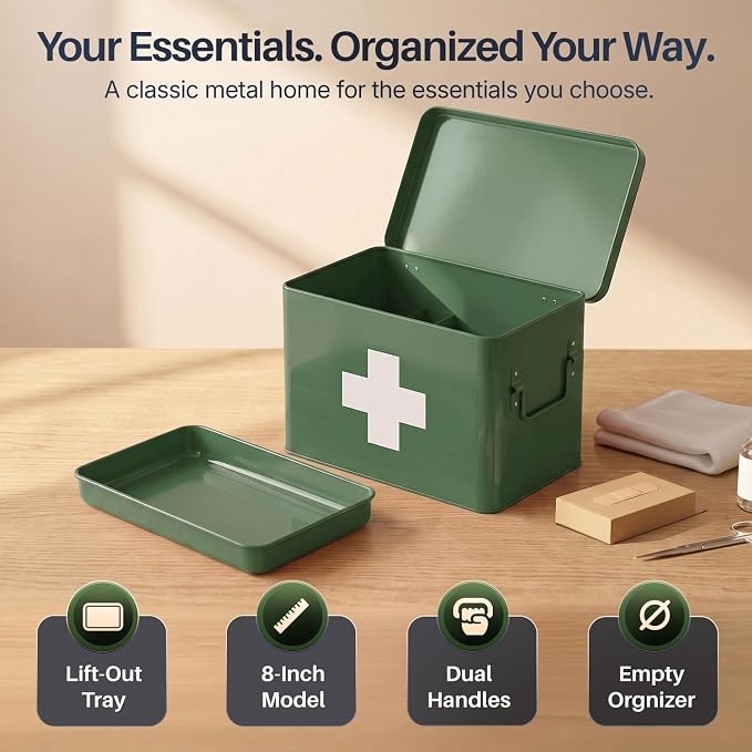 Flexzion Large Metal First Aid Box Empty, 8.5-Inch, Green with White Cross | Vintage Medicine Box and First Aid Storage Organizer with Removable Tray and Dividers; Empty Box Only, Supplies Not Included