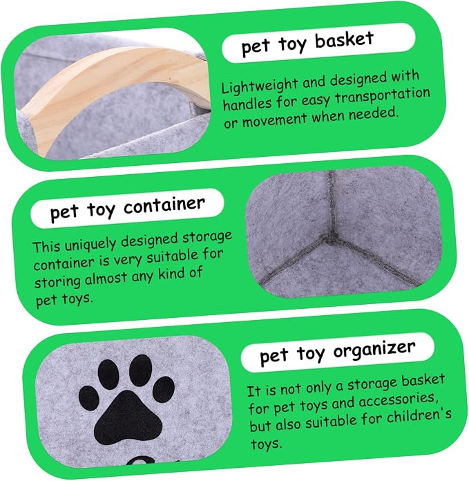 Wakauto Pet Organizer Bin with Handles Felt Storage Basket for Dog and Cat Accessories Portable Square Chest Container for Tidy Storage and Home Gray