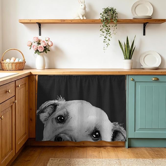 Black Dog Small Sink Skirt 10"Wx11"L,Dustproof Under Sink Curtain with Self Adhesive Tape,Cute Pets Eyes Animals Fur Vintage Oil Painting Cabinet Curtain Cover for Bathroom Vanity,Kitchen Shelf