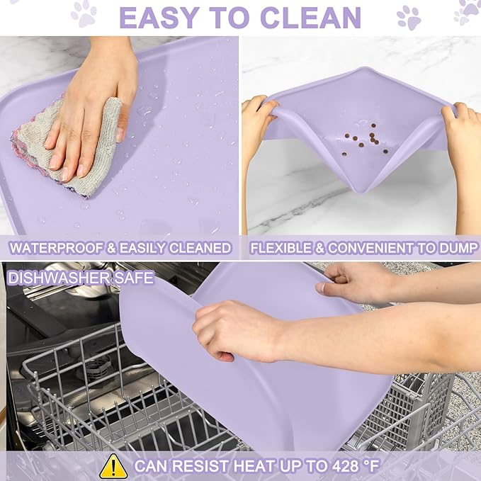 Smilool Silicone Pet Food Mat with Raised Edge for Food and Water Bowl, Dog Feeding Mats, Cat Food Trays for Floor Waterproof, Rubber Tray for Dogs and Cats, 24 x 16 x 0.8 Light Purple