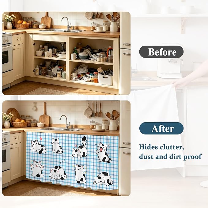 Cute Cat Cabinet Dishwasher Hidden Curtains, Privacy Closet Door Curtain, Modern Playful Pet Cats Blue Purple Plaid Adhesive Dust Proof Under Sink Skirt for Bathroom Kitchen 35"x35"