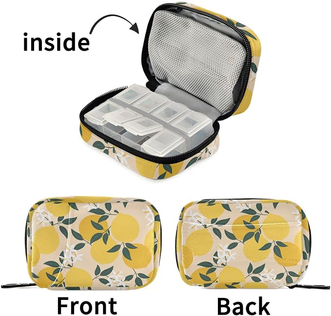 Fustylead Lemon Pill Organizer and Storage Weekly with Zipper, Removable Pill Box Portable Medicine Organizer for Vitamin Fish Oil Supplement