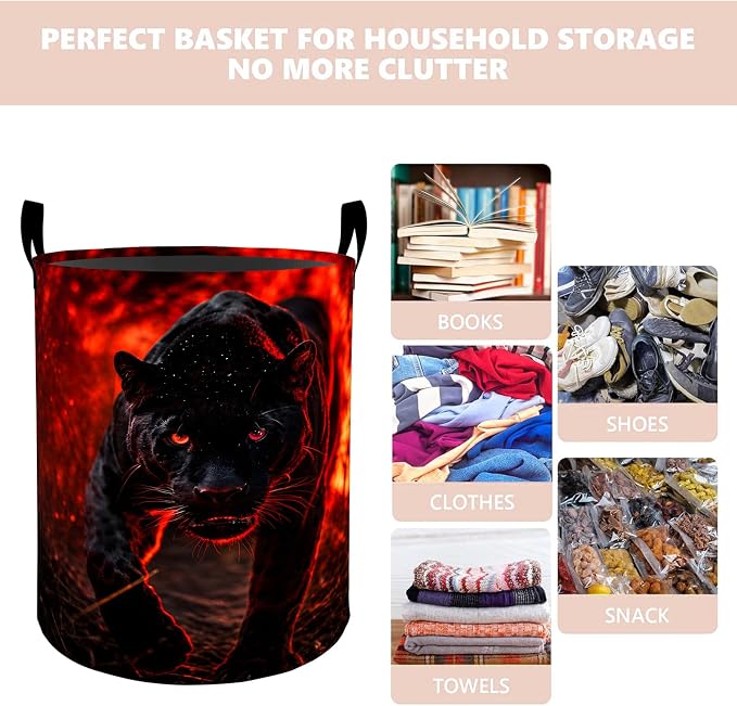 Black Panther Laundry Basket Hamper 19.7"x15.8", Organizer Bins Gifts for Women Men Adults, Fierce Wild Cat Foldable Waterproof Oxford Clothes Storage Bucket for Bedroom Bathroom Decor