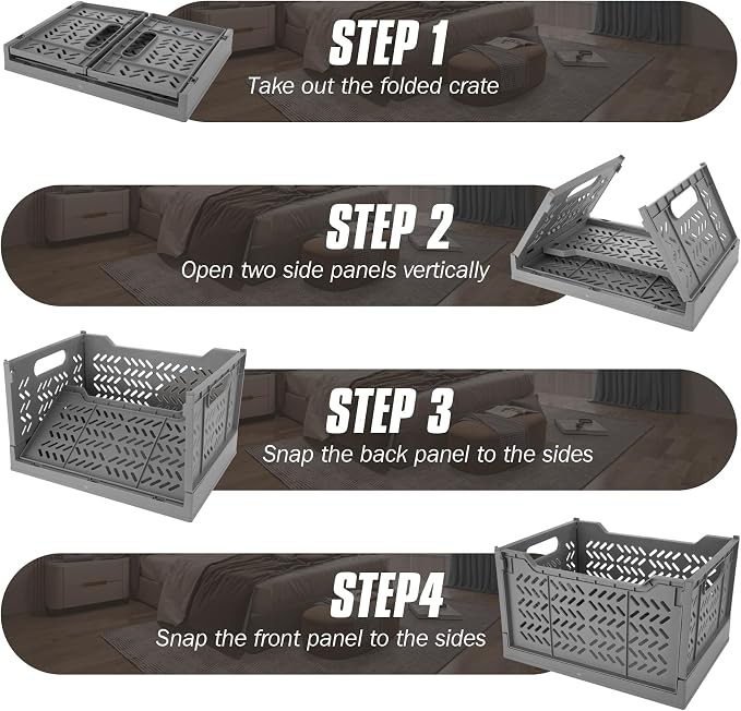 2 Pack Stackable Storage Crates, Plastic Foldable Baskets Tall Gray | Easy-carry handles, suitable for toys books groceries office supplies and household storage for home office shopping
