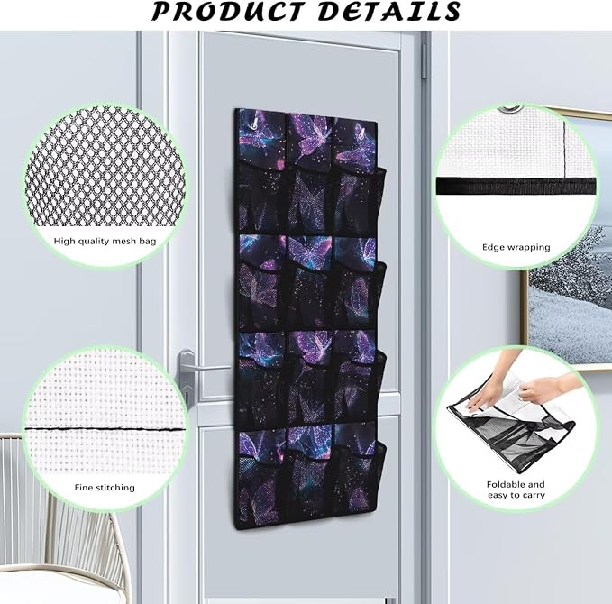 Shoe Organizer Door Hanger,Dreamy Butterfly Design Storage for Small Spaces,Over the Door Shoe Organizer with 12 Mesh Large Pockets Waterproof Reusable