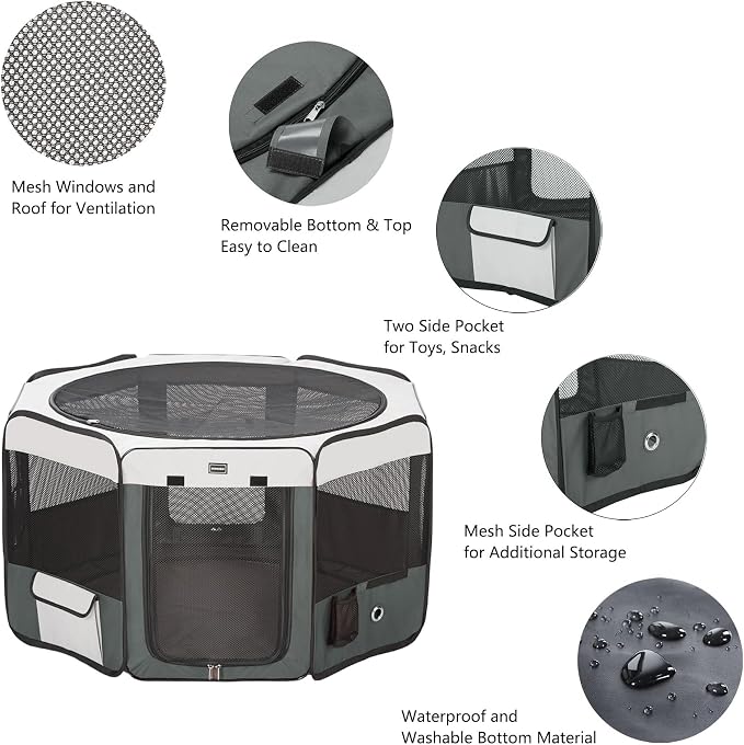 Dog Playpen Portable Pet Play Pens for Small Dog/Cat/Rabbit/Chicks, Cat Playpen Indoor/Outdoor with Carring Case, Removable Zipper Top and Bottom (Gray, Extra Large (55"x55"x30"), 8)