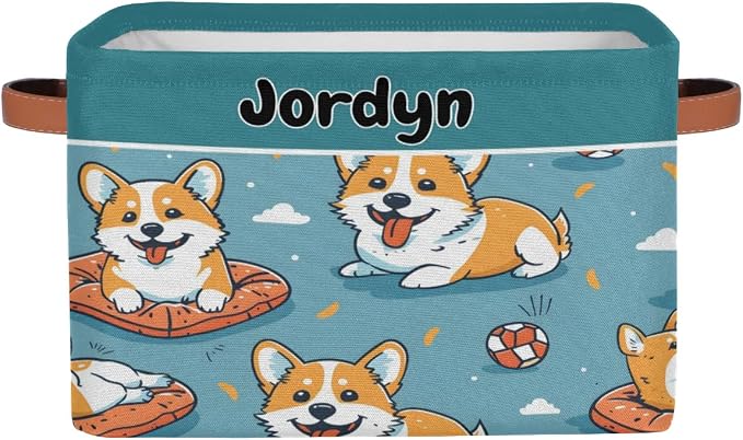Custom Storage Baskets for Kids Name, Large Foldable Organizer Collapsible Storage Bin with Leather Handle for Home Toys Closet Nursery, Cute Corgi Dog Cartoon Cloud Blue
