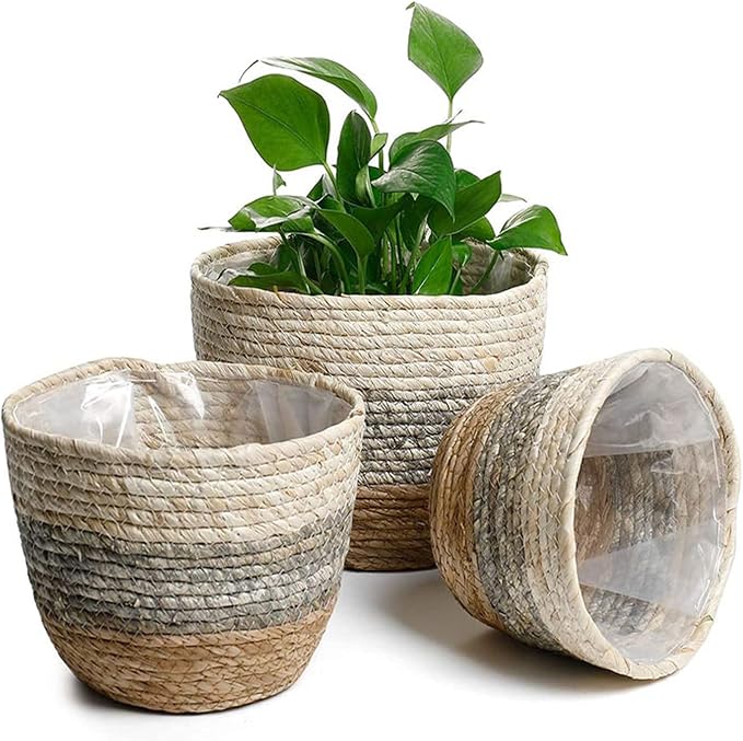 Straw Rope Plant Basket Woven Plant Coiled Basket, Decorative Flower Pot Cover Closet Storage Bin Table Desk Organizer for Home Decor, Plant Pots for Indoor Plants, Plant Containers (L)