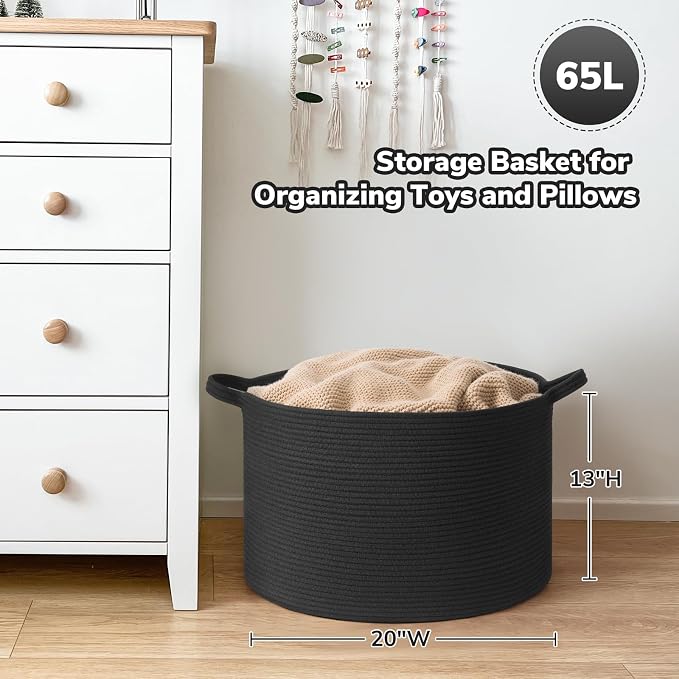 Goodpick Large Woven Dirty Clothes Basket for Nursery & Living Room, 65L | 19.7 x 19.7 x 12.6 In Storage Basket for Nursery, Blanket Basket for Towels Clothes,,Black