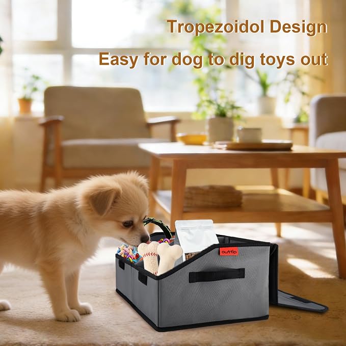 Dog Toy Box with Lid and Removable Divider, 19" Collapsible Toy basket and Handle，600D Fabric Cute Puppy Organizer for Pet Toys and Accessories - Grey - 2pcs