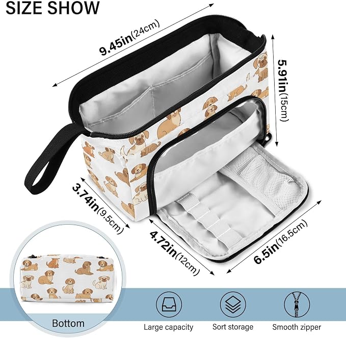 Emelivor Pets Dogs White Print Pencil Case Large Capacity Pencil Pouch Bag with Compartmens Pen Organizer Portable Stationery Bag for School Office Girls Boys Adult College