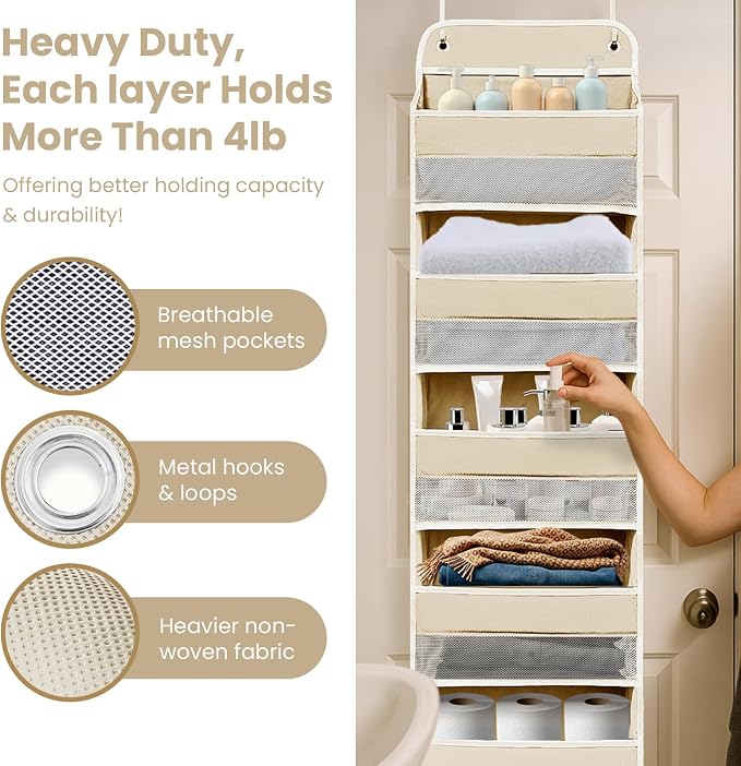 Space Saving Over The Door Organizer,6 Tiers Removable Anti Tilt Hanging Behind Door Storage,Heavy-Duty Reinforced Mesh Rack Holds 44lb for Bathroom,Pantry, Nursery,Closet, Shoes, Towels