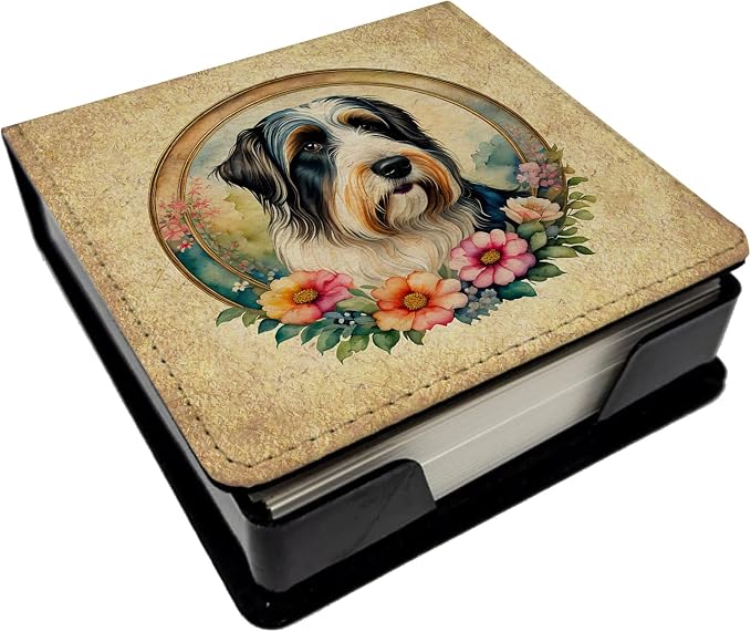 Caroline's Treasures Bearded Collie and Flowers PU Leather Note Paper Holder with Artist-Designed Cover, Desk Accessory, Office Gift