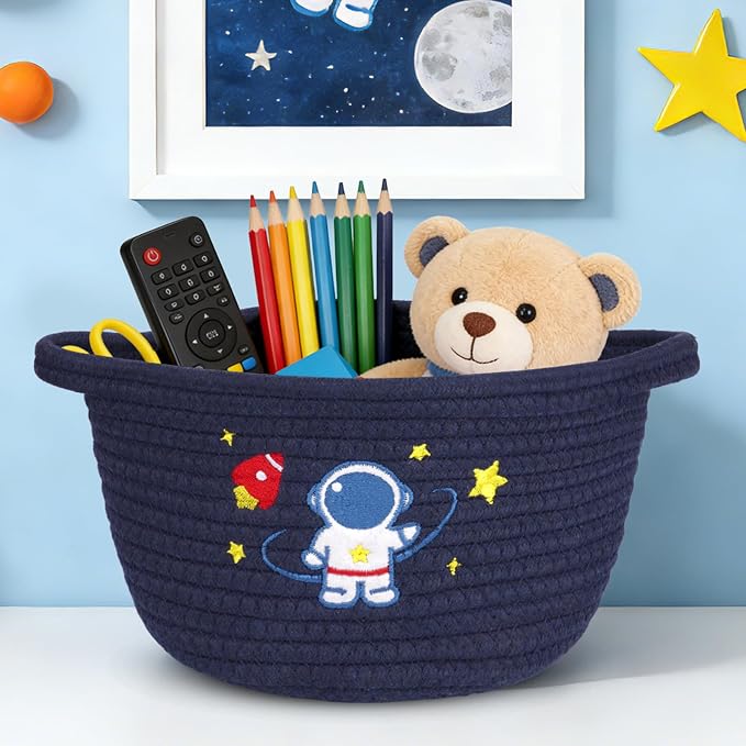 Space Storage Basket, Cotton Rope Woven Basket with Handle Small Laundry Basket Organizer for Baby Shower, Cat Dog Toy Basket, 9"x9"x5" Baskets for Organizing