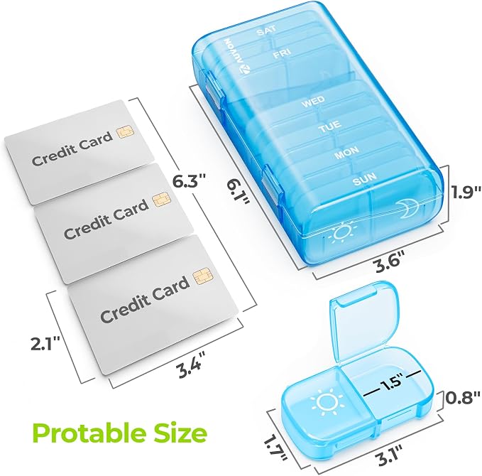 AUVON Weekly Pill Organizer 2 Times a Day, One-Sided Opening, Easy to Use | AM PM Pill Case, XL Pill Box 7 Day, Travel Medication Organizer for Medication, Vitamins, Fish Oils, Supplements, Blue