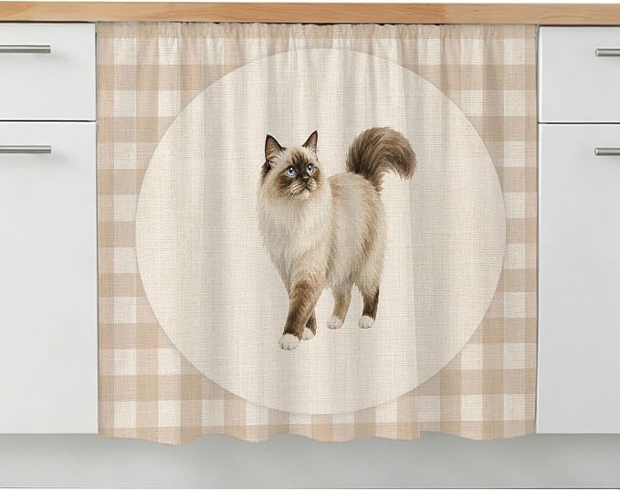 Ragdoll Cat Small Sink Skirt 10"Wx11"L,Dustproof Under Sink Curtain with Self Adhesive Tape,Vintage Linen Plaid Farmhouse Pet Cats Cabinet Curtain Cover for Bathroom Vanity,Kitchen Storage Shelf,RV