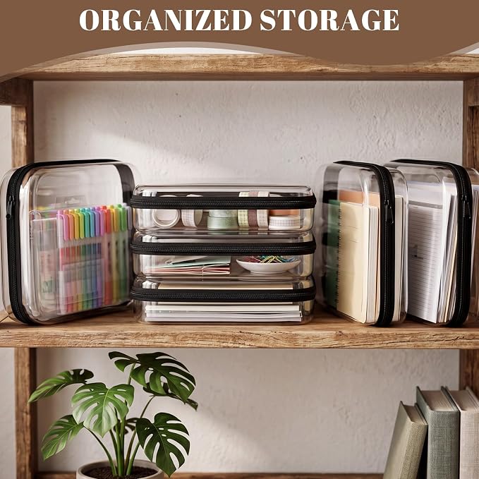 12 Pack Clear Hard Shell Zipper Case with 40 Labels, X-Large/Medium/Small Stackable Clear Pouches, Crush-resistant Travel Toiletry Bag Organizer for Makeup Board Games Electronics (Black)