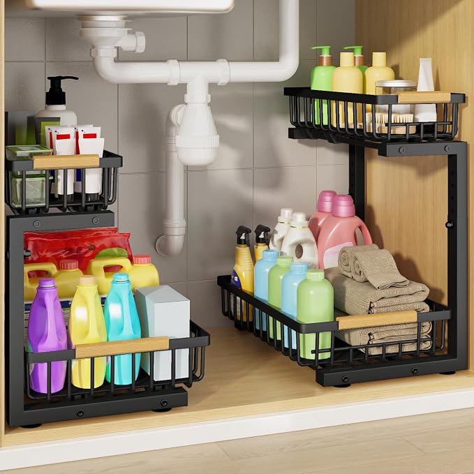 2Pcs Under Sink Organizer, 2-Tier Pull Out Under Sink Organizers and Storage, Adjustable Metal Under Cabinet Organizer Shelf, Bathroom Organizer, Sliding Out Drawer for Kitchen Pantry Black