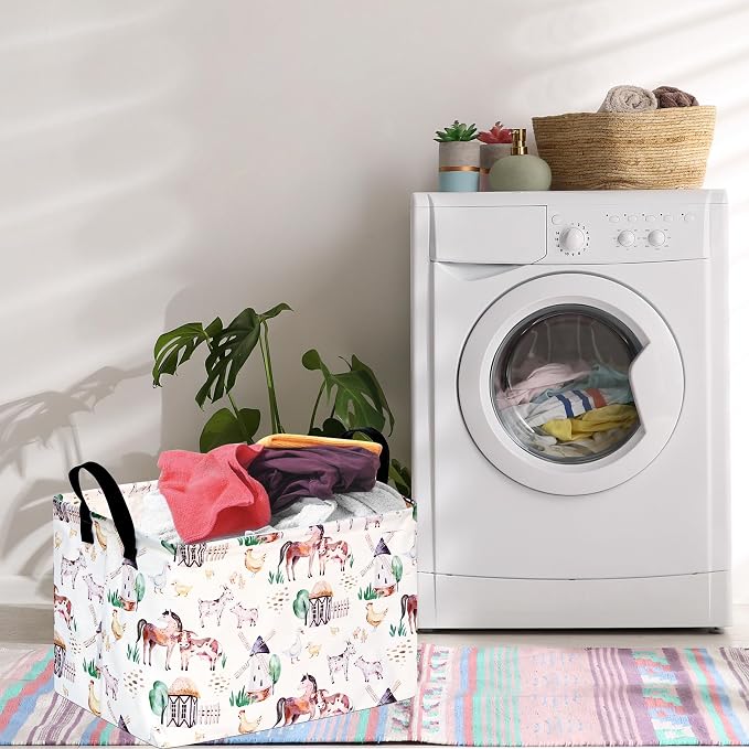 Storage Basket Home Shelf Basket Organizer Box Clothes Laundry Hamper Nursery Bin Gift Laundry Basket with Handles Rectangle Farm Pattern for Home